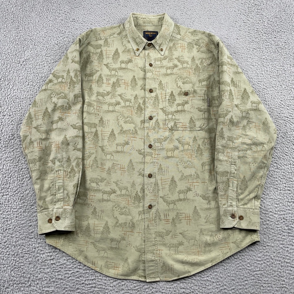 Woolrich Shirt Men L Tan Wildlife Elk Deer Print Button Down Long Sleeve Outdoor